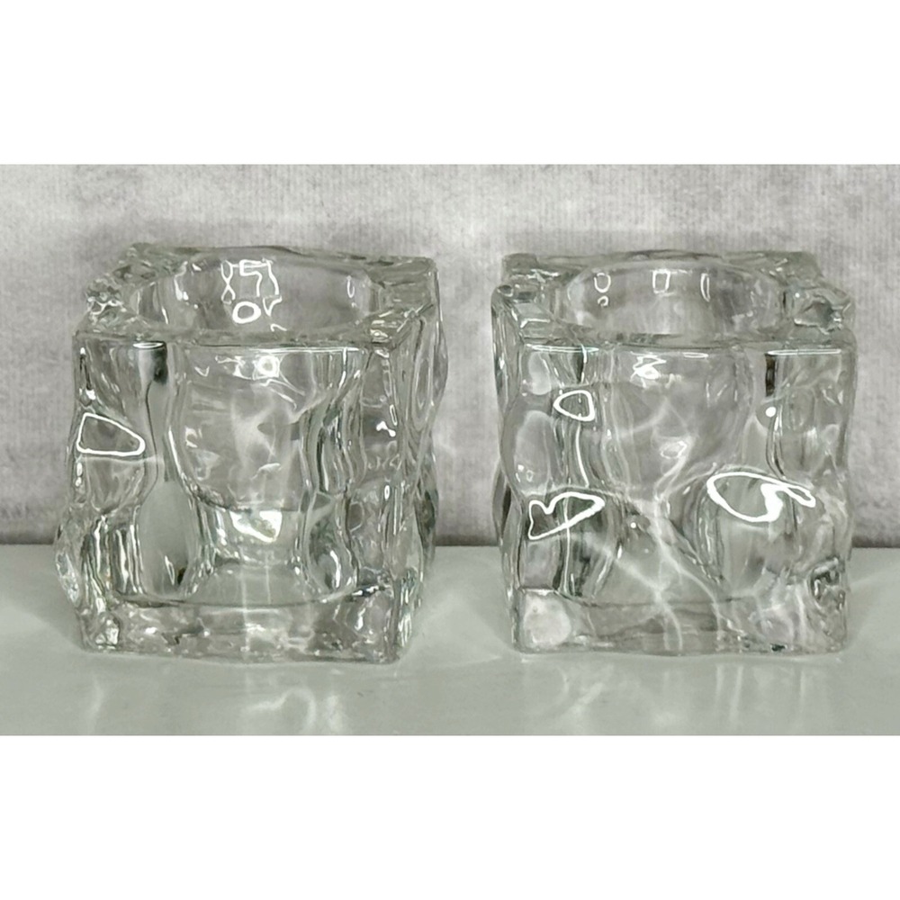 Vintage Glacier Ice Cube Candle Holders Clear 2.5" Square Set Of 2 EUC Heavy